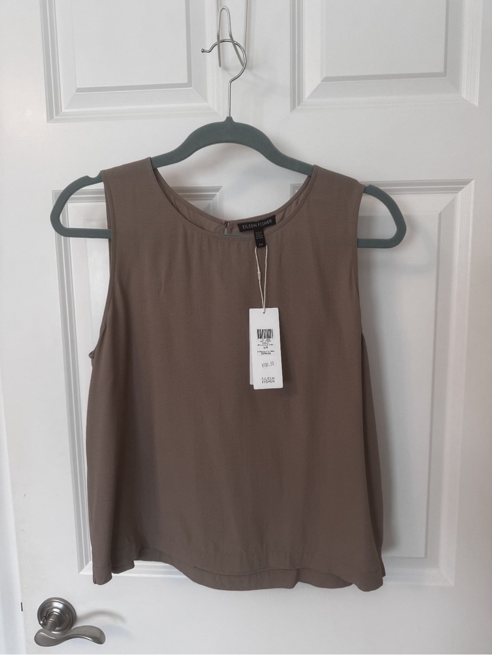 EILEEN FISHER Mocha Silk Georgette Crepe Round Neck Shell